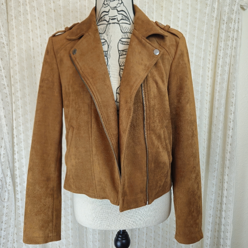 Jack BB Dakota Johanness Tan Vegan Suede Moto Jacket Size Small